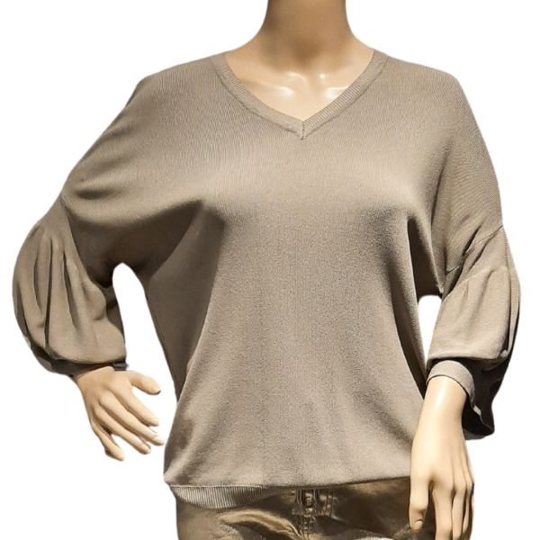 shirt met geaccentueerde mouw en v-hals, taupe